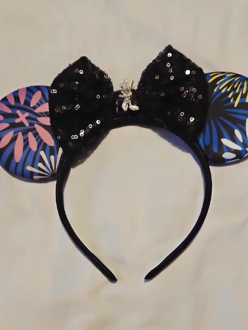Disney Black Sequin Bow Minnie Ears Headband with Blue and Pink Floral Ears